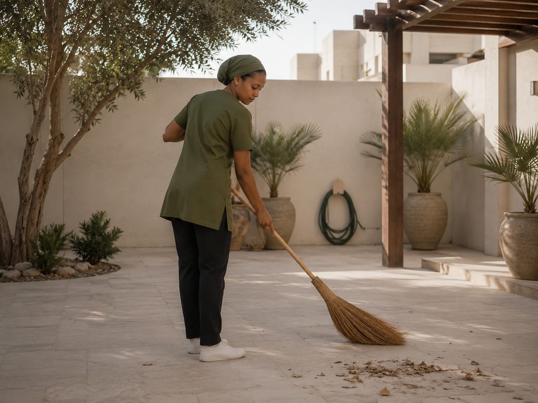 عامل يكنس فناءً حجرياً مظللاً بجانب نخيل في أصص، في وقت متأخر من الصباح.